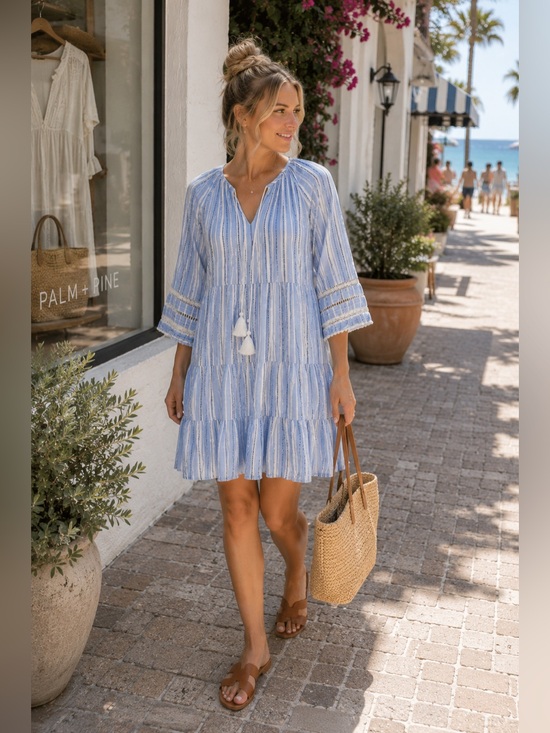 Tommy Bahama Dresses & Skirts - Tommy Bahama Blue Striped Tiered Dress Lace Trim Resort Cover-Up M